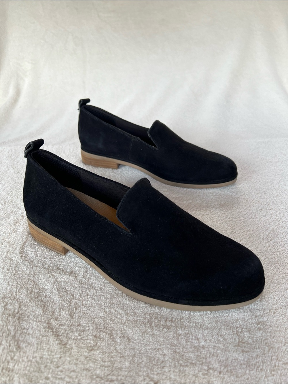 DR SCHOLLS BLACK SUEDE LEATHER SLIP ON LOAFERS STACKED LOW HEEL SIZE 7.5 - Picture 4 of 13